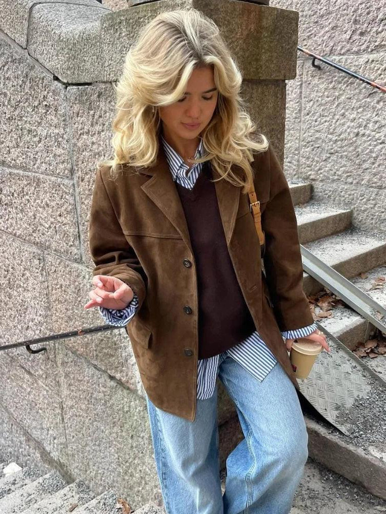 Long Blazer Coat with Notched Lapel and Button Front, Polyester
