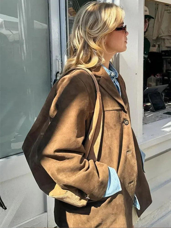 Long Blazer Coat with Notched Lapel and Button Front, Polyester