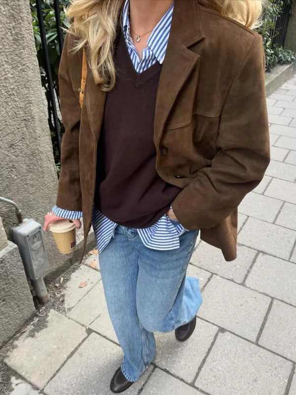 Long Blazer Coat with Notched Lapel and Button Front, Polyester