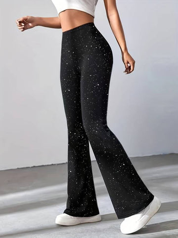 Women's High Waisted Glitter Wide Leg Flare Trousers