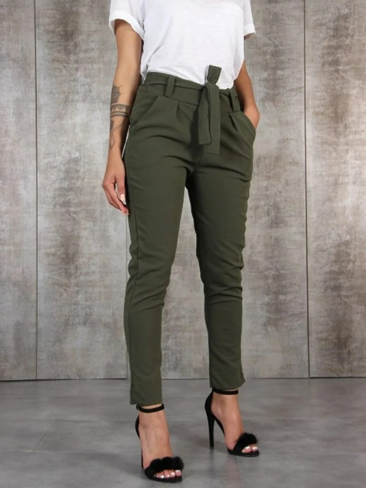 Women's High Waisted Belted Tapered Ankle Length Trousers