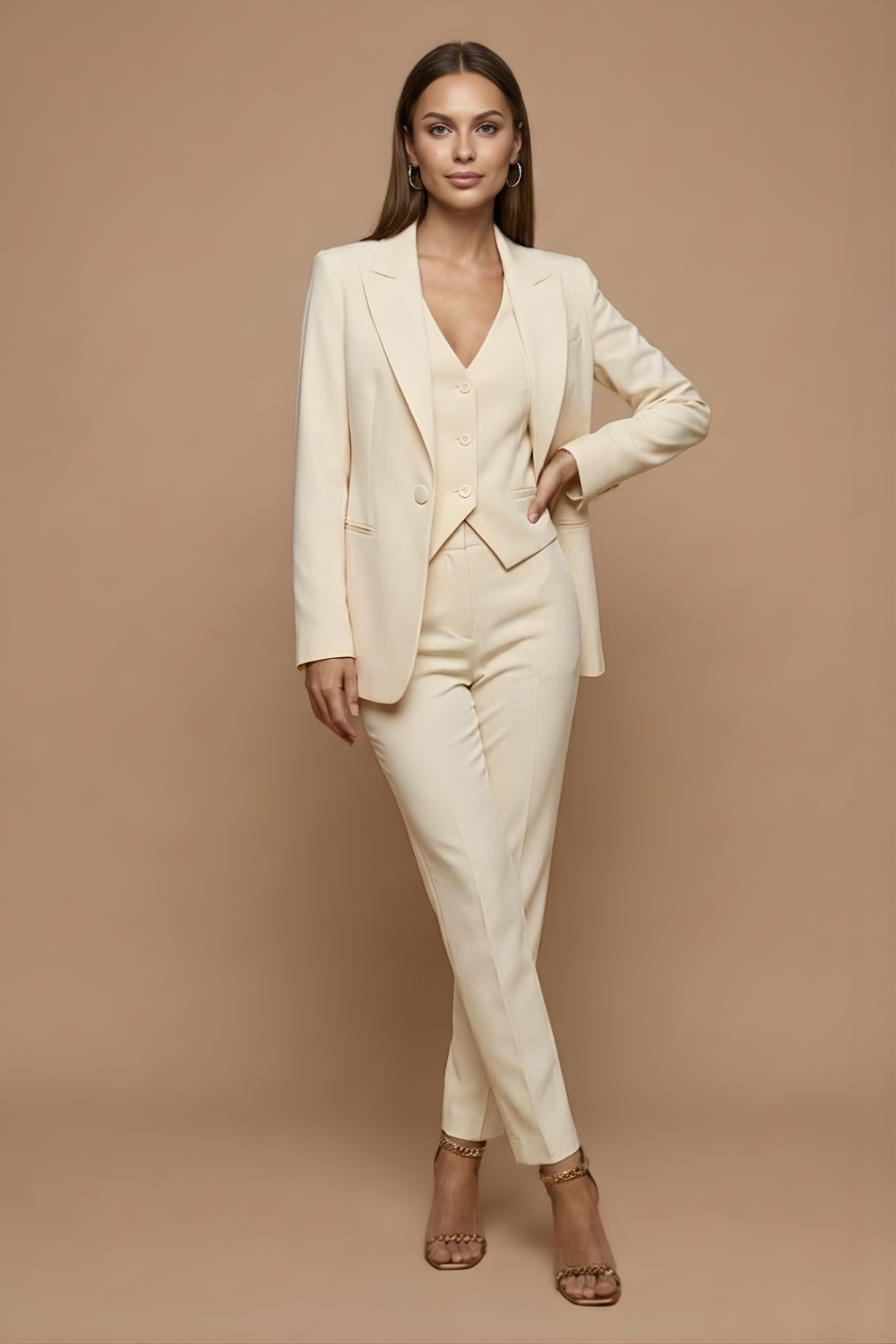 Women’s Tailored Three-Piece Suit with Satin Lapel – Sharp Evening Silhouette