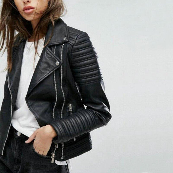 Biker Jacket with Zip and Button Closure, Adjustable Collar and Side Pockets