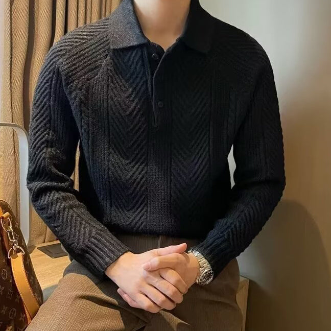 Men's Polyester Sweater with Jacquard Texture and Button Chest Closure