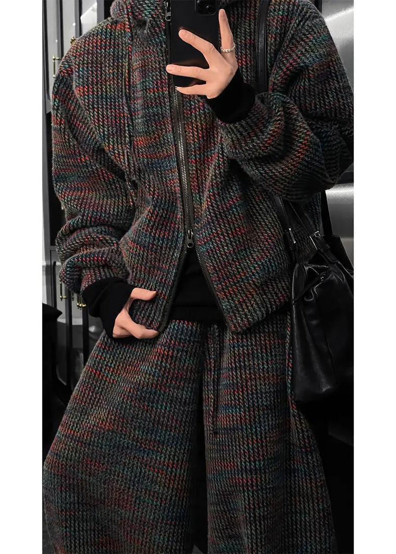 Men's Knit Hoodie and Wide Leg Pants Set with Textured Mixed Color Yarn