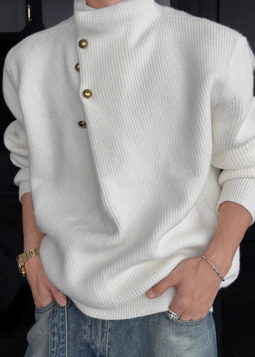 Men's High Neck Sweater with Side Buttons and Ribbed Cuffs