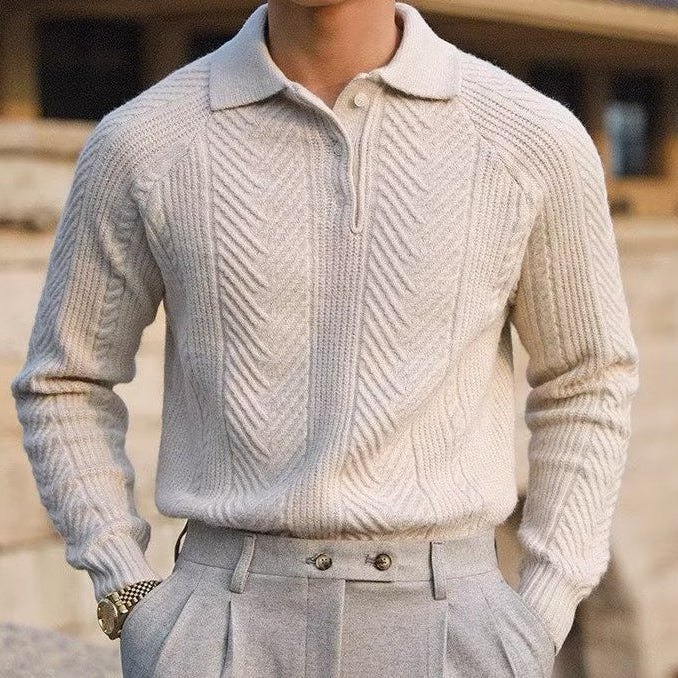 Men's Polyester Sweater with Jacquard Texture and Button Chest Closure