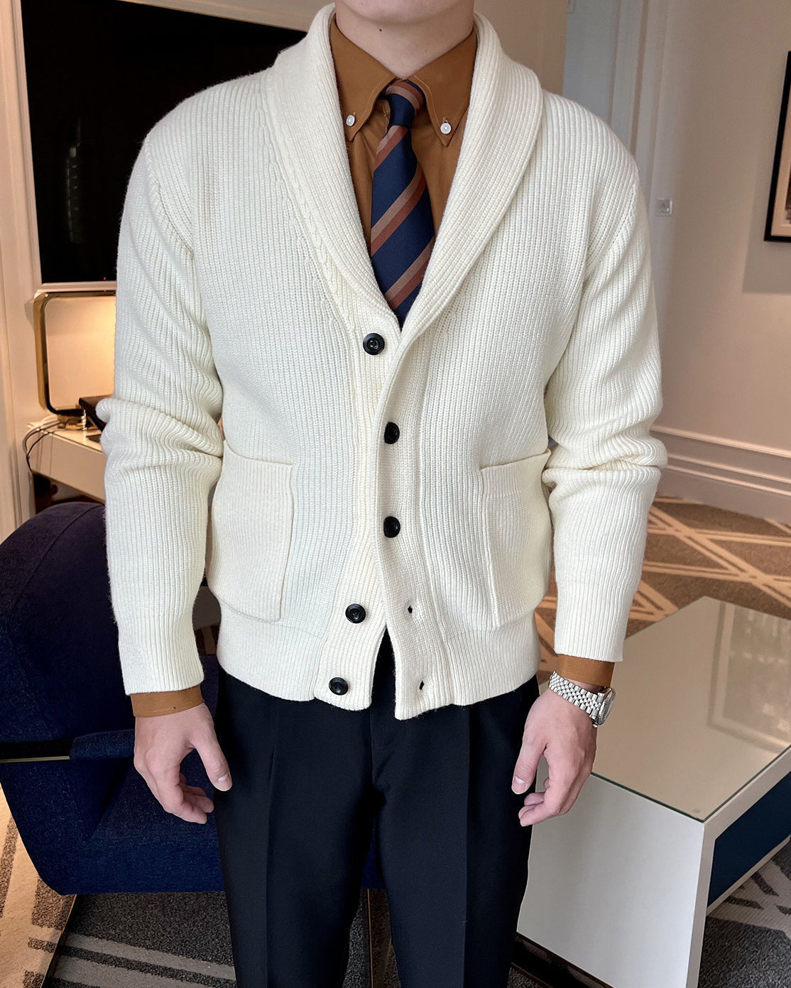 Men's Shawl Collar Cardigan with Viscose Blend Knit and Front Pockets