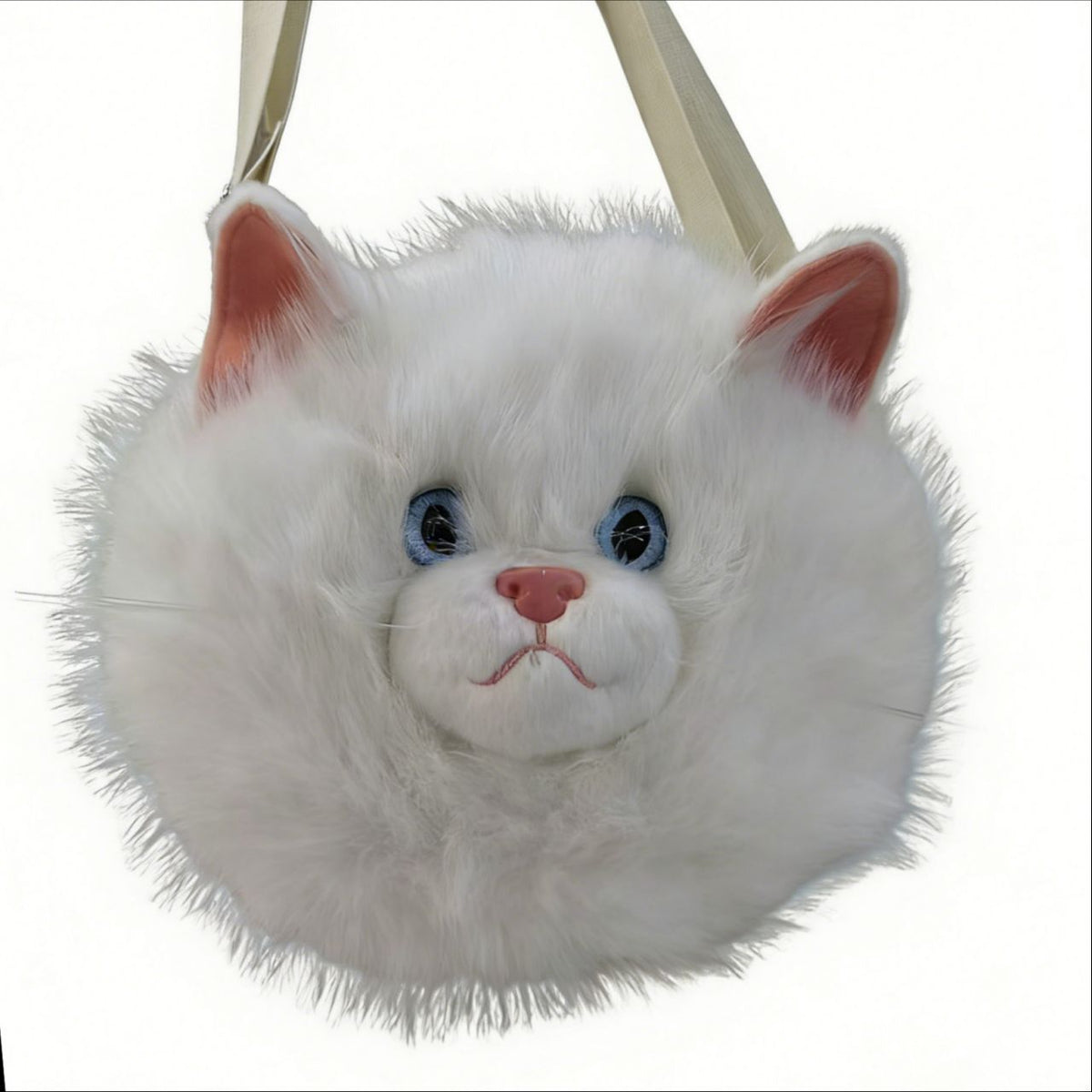 Plush Cat Face Crossbody Bag with Adjustable Strap and Blue Eyes