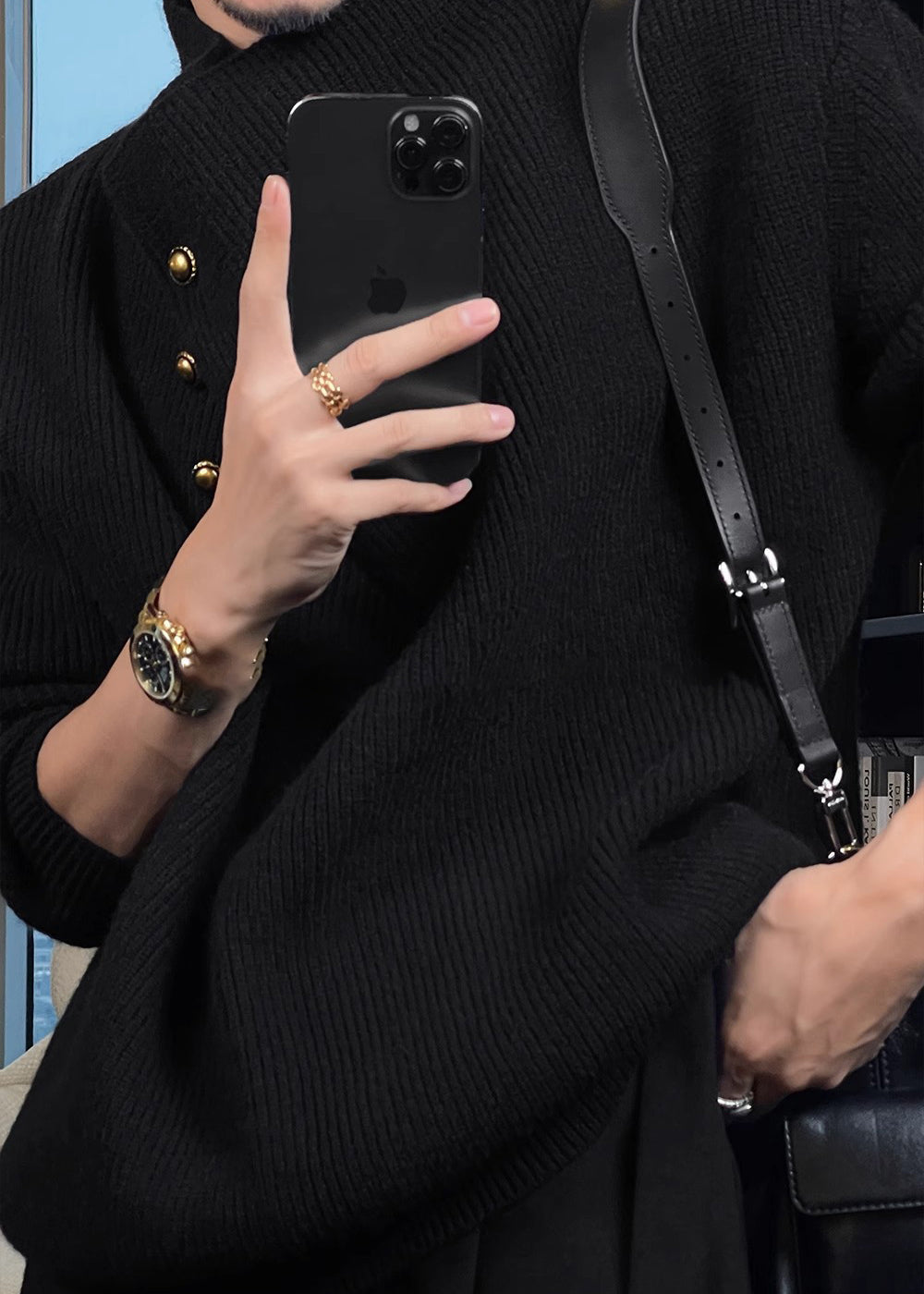 Men's High Neck Sweater with Side Buttons and Ribbed Cuffs