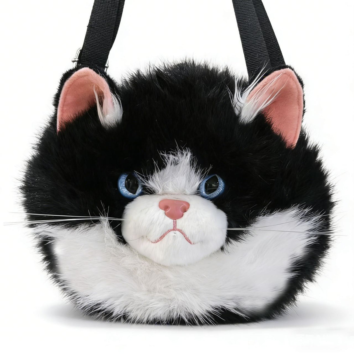 Plush Cat Face Crossbody Bag with Adjustable Strap and Blue Eyes