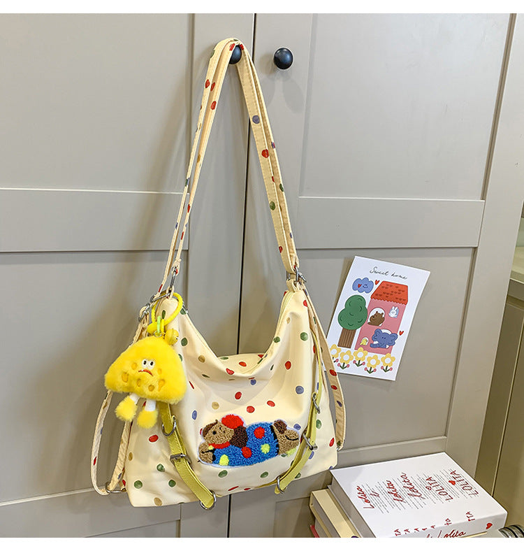 Crossbody Bag with Polka Dot Pattern and Detachable Plush Toy, Adjustable Strap