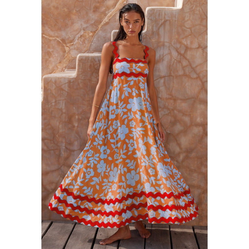Women's Maxi Dress Scalloped Trim Square Neck