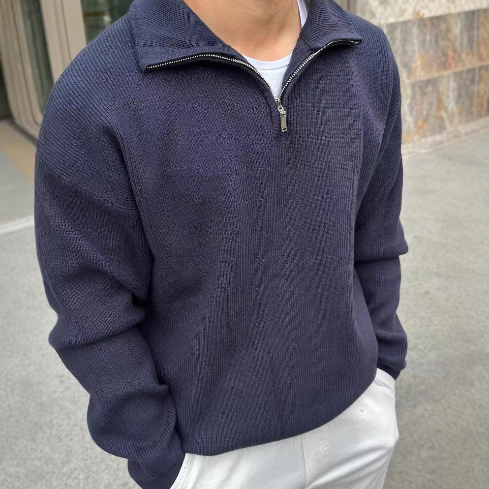 Half Zip Knit Sweater for Men with Adjustable Neckline and Breathable Yarn