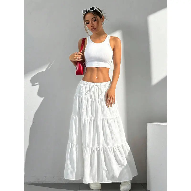 Women's Tiered Maxi Skirt - Elastic Waist - Drawstring Tie