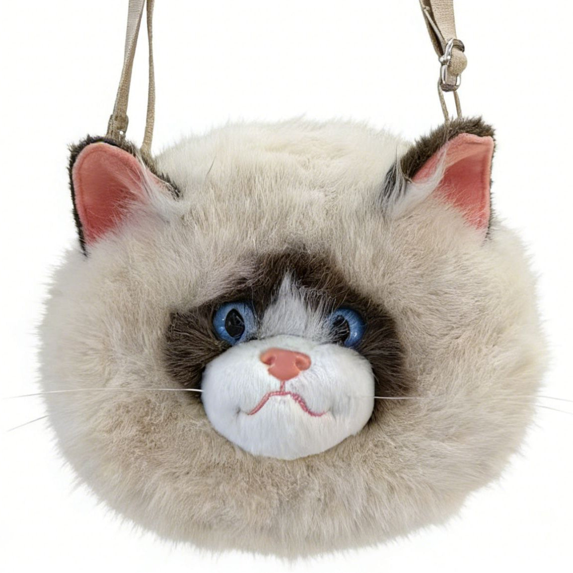 Plush Cat Face Crossbody Bag with Adjustable Strap and Blue Eyes