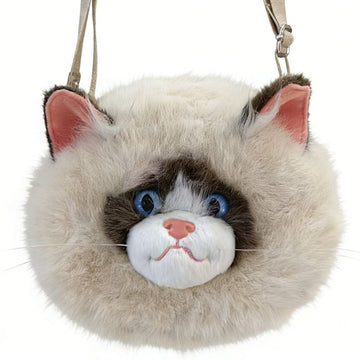 Plush Cat Face Crossbody Bag with Adjustable Strap and Blue Eyes