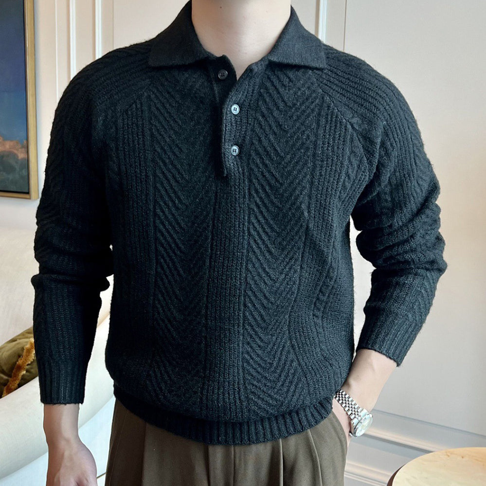 Men's Polyester Sweater with Jacquard Texture and Button Chest Closure