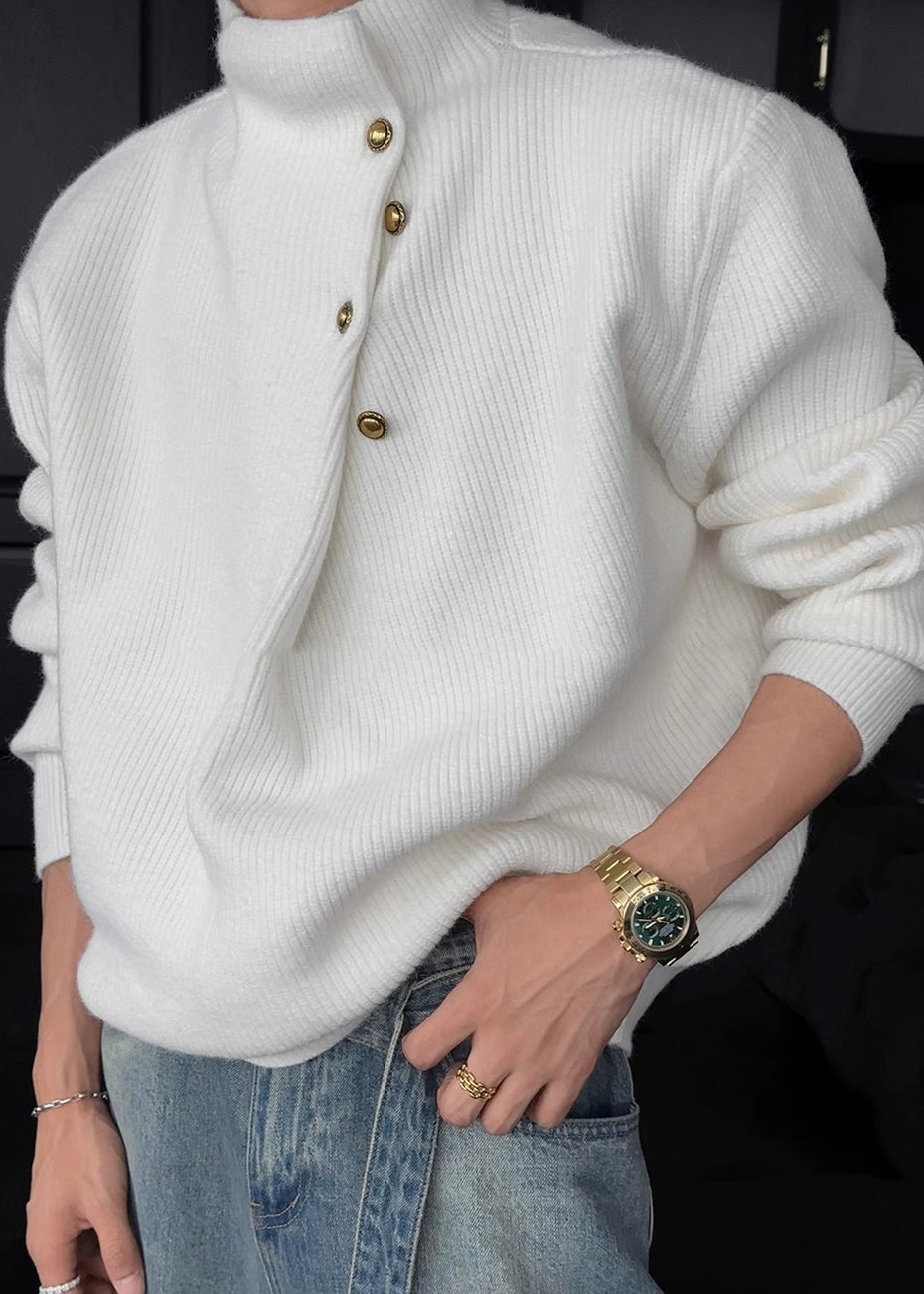 Men's High Neck Sweater with Side Buttons and Ribbed Cuffs