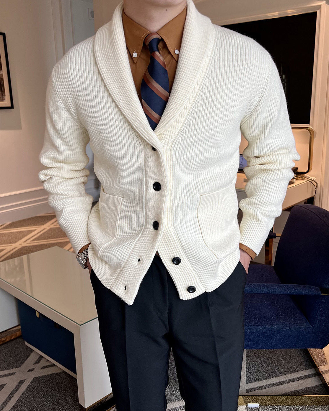 Men's Shawl Collar Cardigan with Viscose Blend Knit and Front Pockets