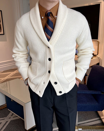 Men's Shawl Collar Cardigan with Viscose Blend Knit and Front Pockets