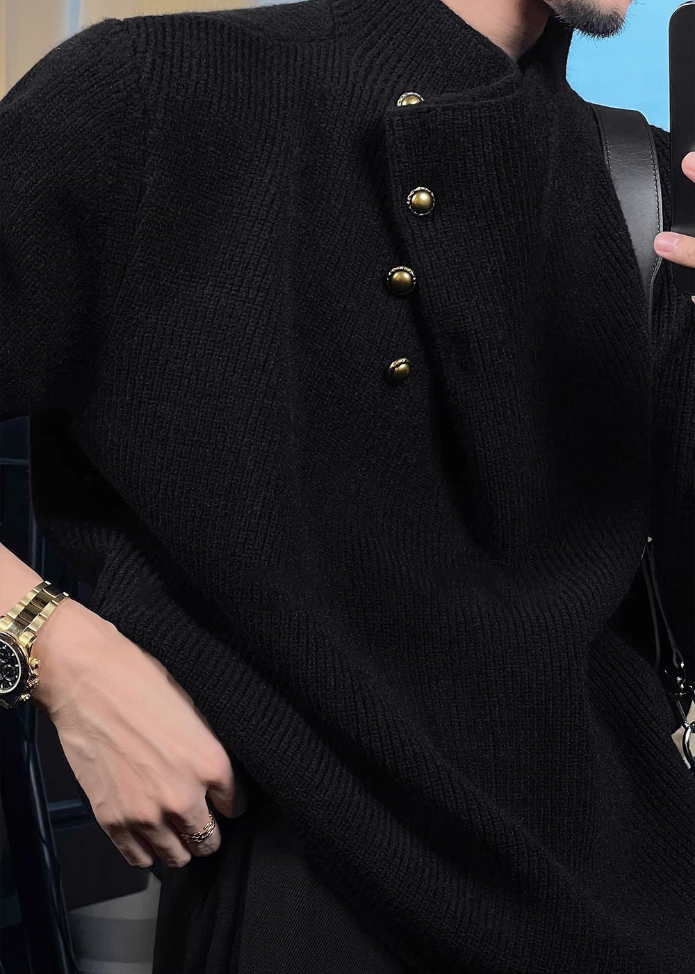 Men's High Neck Sweater with Side Buttons and Ribbed Cuffs