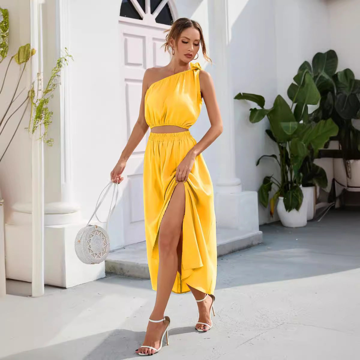 Women's One Shoulder Tie Detail Two Piece Set - Side Slit Maxi