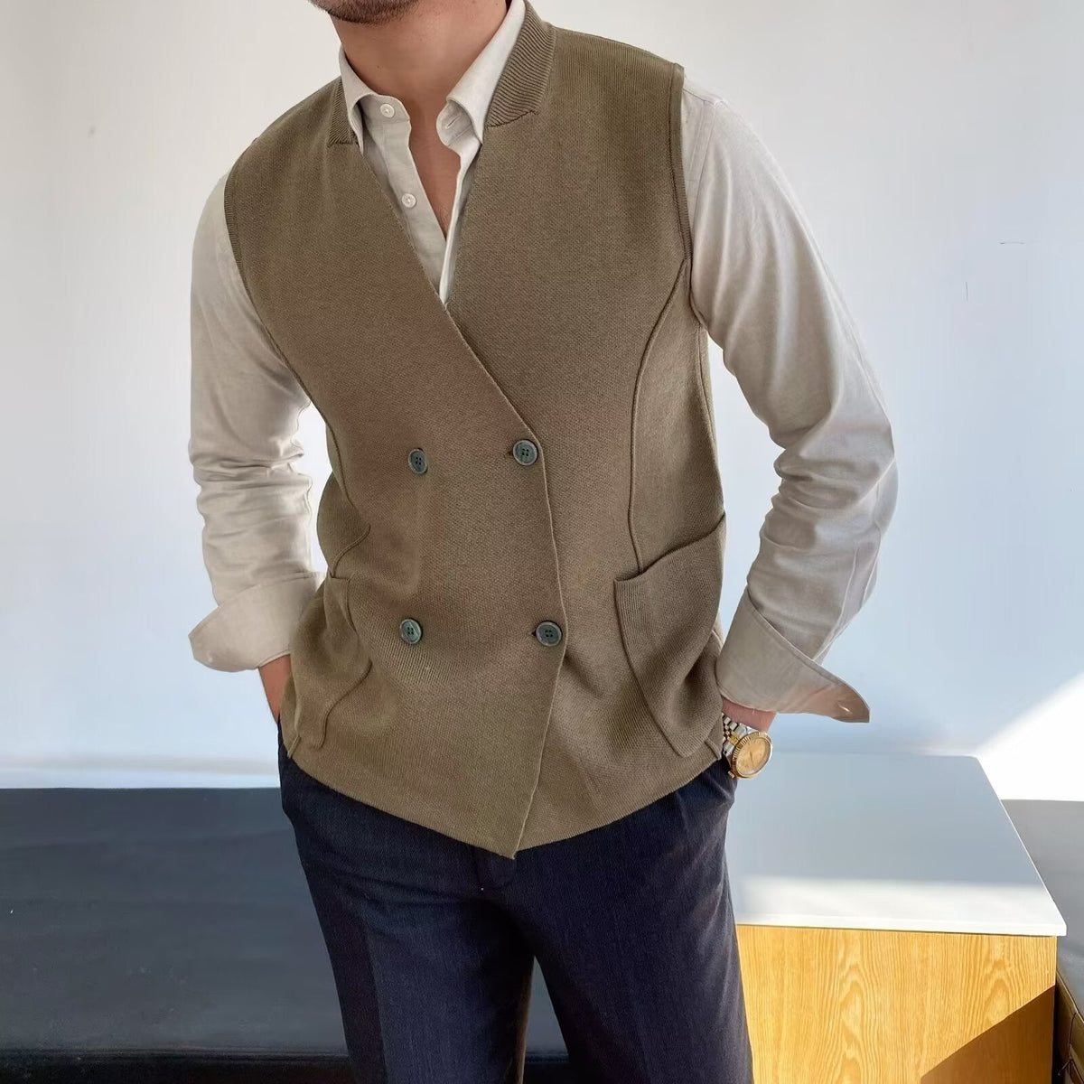 Sleeveless Knitted Vest with Double Breasted Closure and Front Pockets
