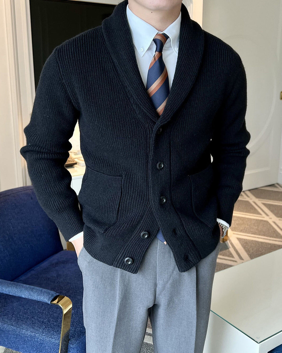 Men's Shawl Collar Cardigan with Viscose Blend Knit and Front Pockets