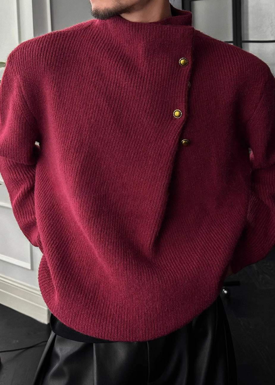 Men's High Neck Sweater with Side Buttons and Ribbed Cuffs