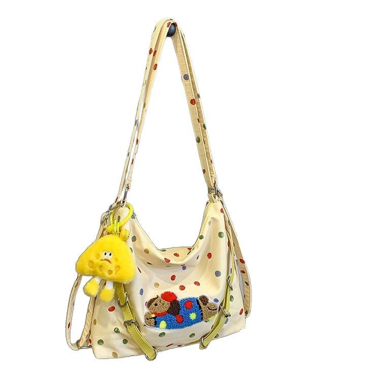 Crossbody Bag with Polka Dot Pattern and Detachable Plush Toy, Adjustable Strap