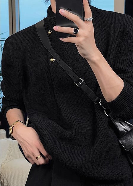 Men's High Neck Sweater with Side Buttons and Ribbed Cuffs
