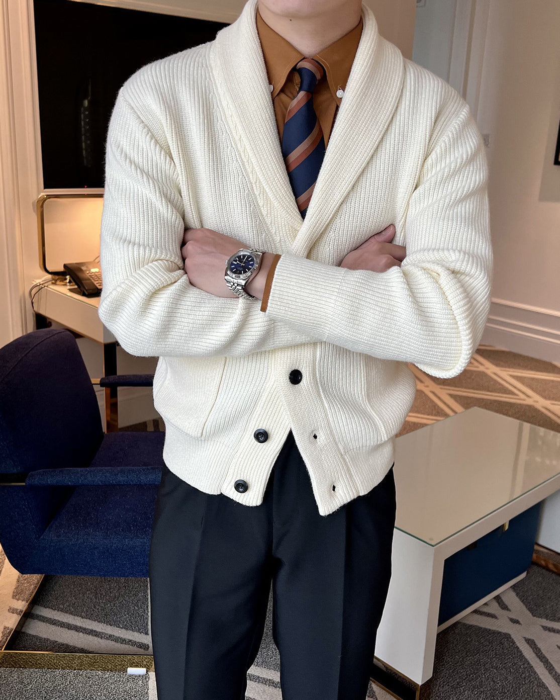 Men's Shawl Collar Cardigan with Viscose Blend Knit and Front Pockets