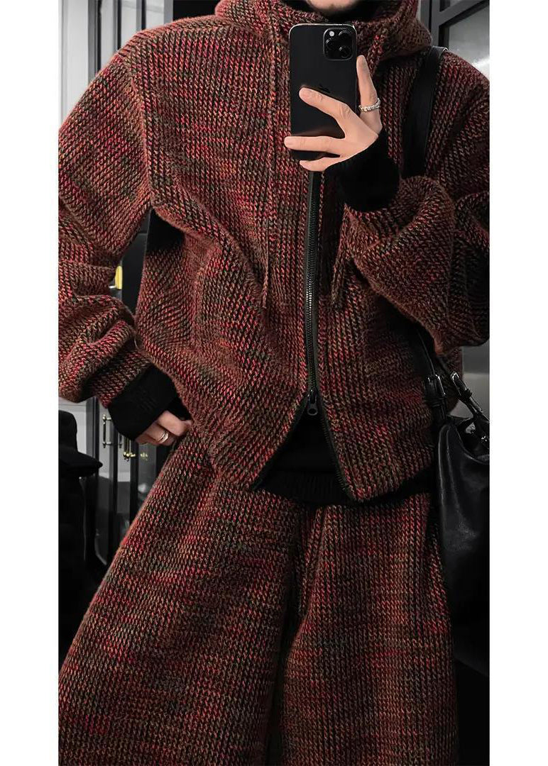 Men's Knit Hoodie and Wide Leg Pants Set with Textured Mixed Color Yarn