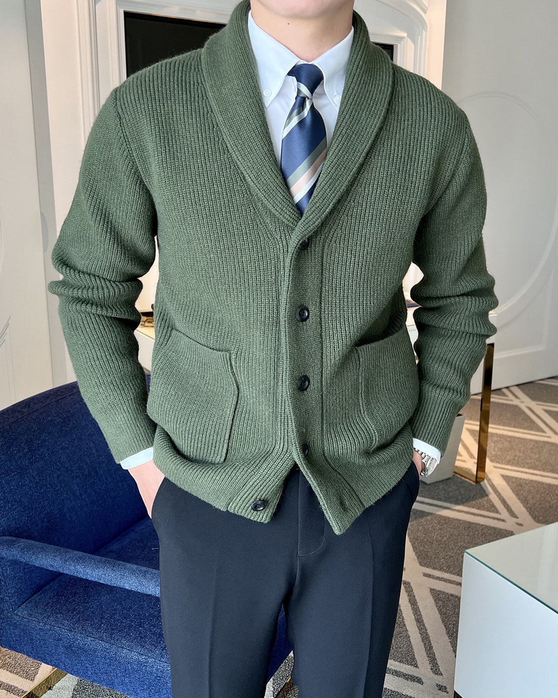 Men's Shawl Collar Cardigan with Viscose Blend Knit and Front Pockets