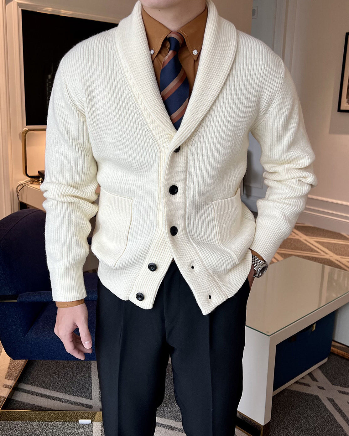 Men's Shawl Collar Cardigan with Viscose Blend Knit and Front Pockets