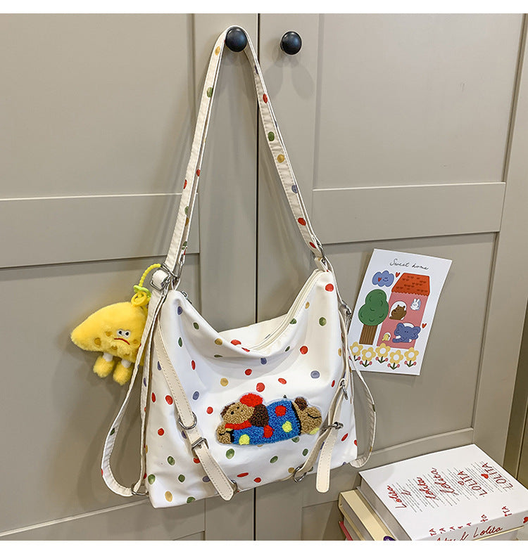 Crossbody Bag with Polka Dot Pattern and Detachable Plush Toy, Adjustable Strap