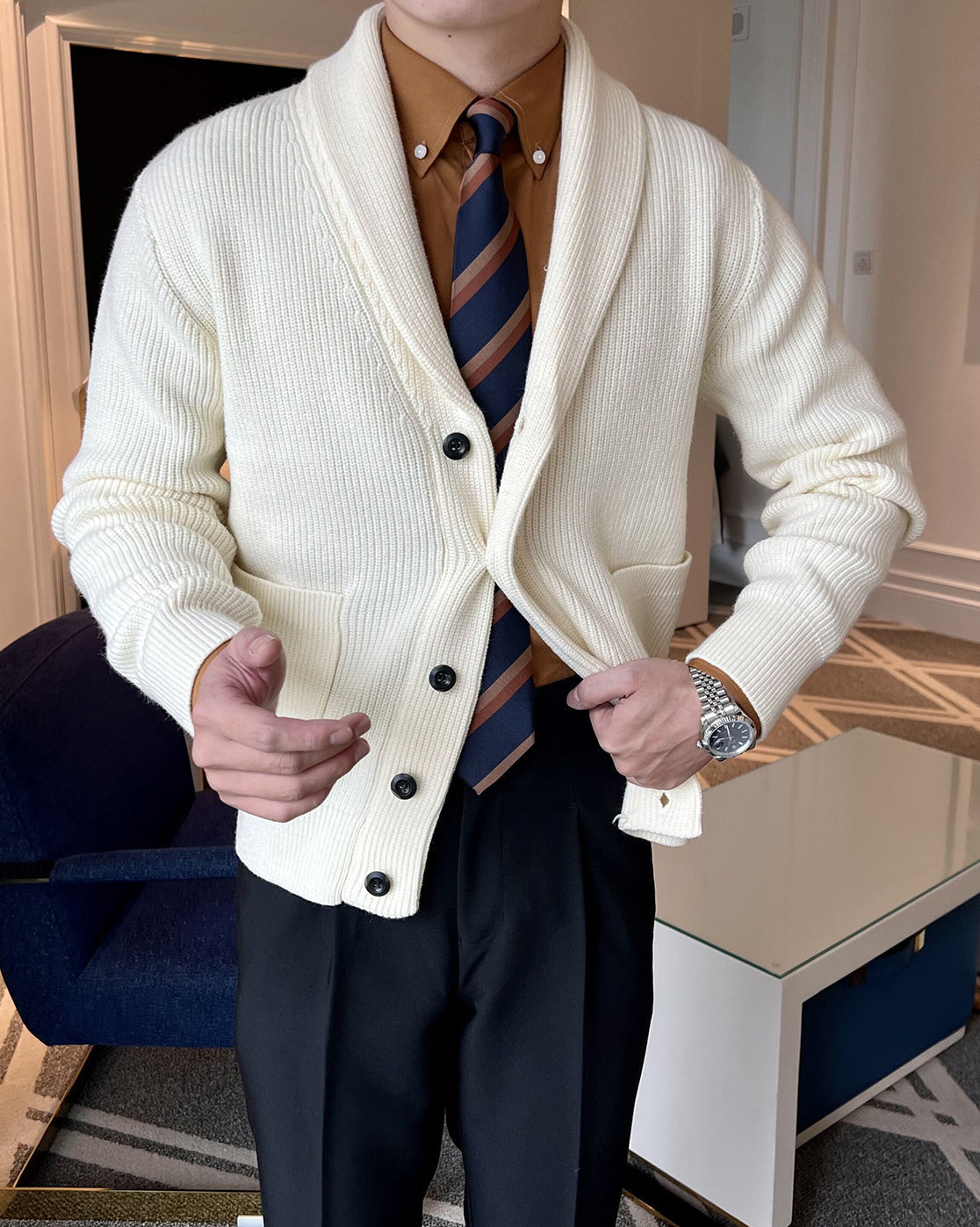 Men's Shawl Collar Cardigan with Viscose Blend Knit and Front Pockets