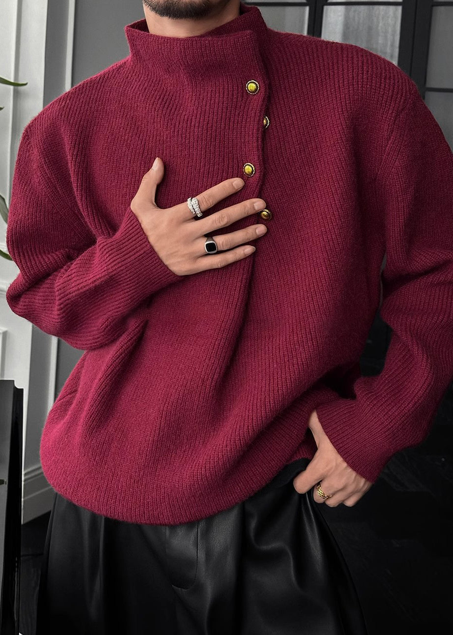 Men's High Neck Sweater with Side Buttons and Ribbed Cuffs