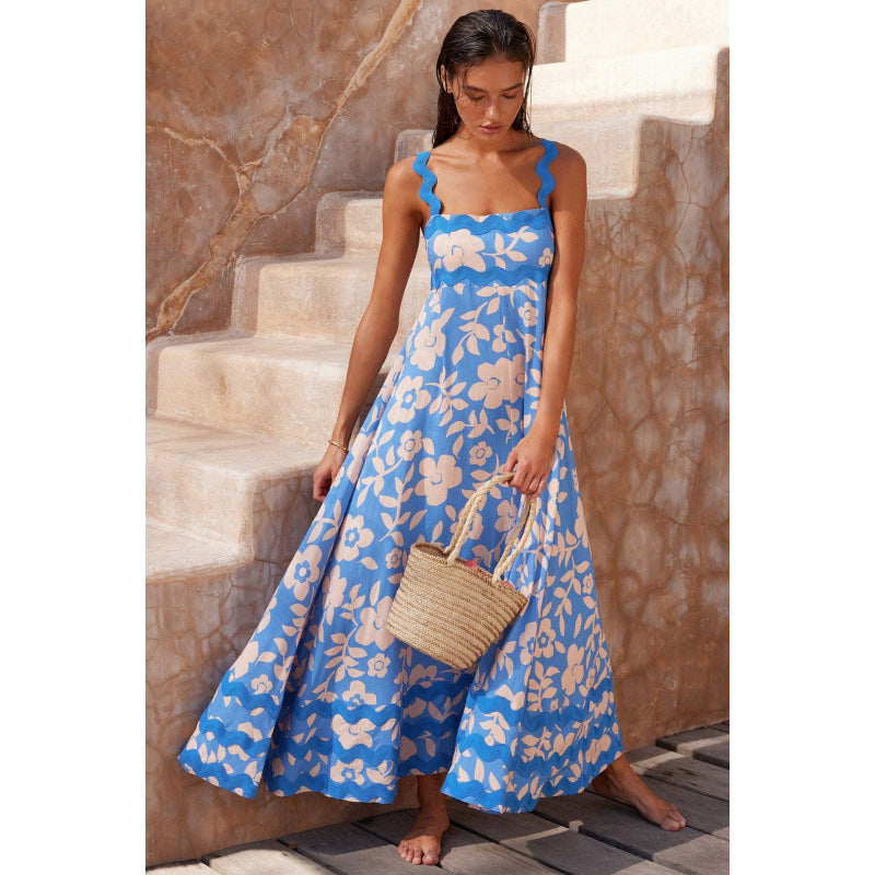 Women's Maxi Dress Scalloped Trim Square Neck