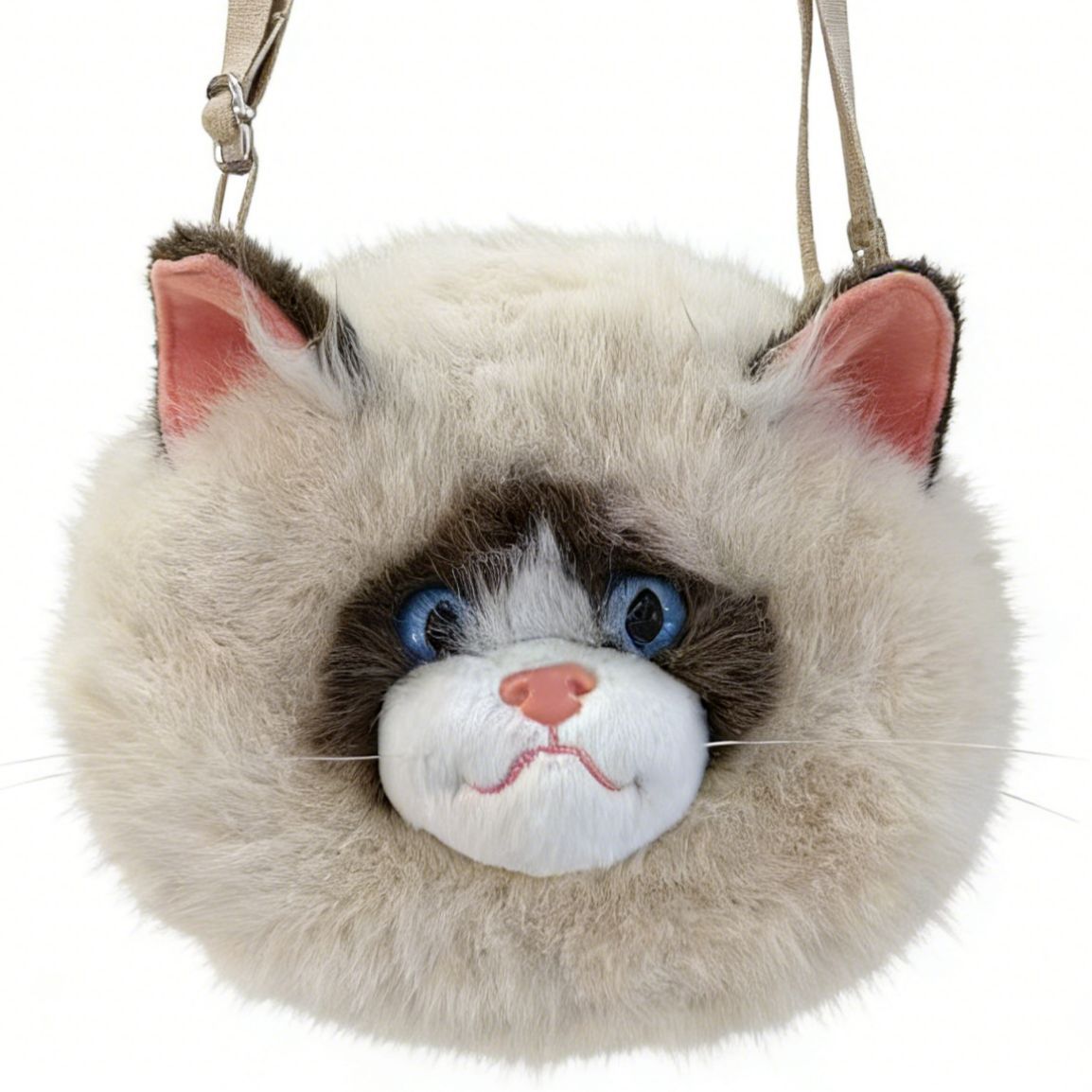 Plush Cat Face Crossbody Bag with Adjustable Strap and Blue Eyes