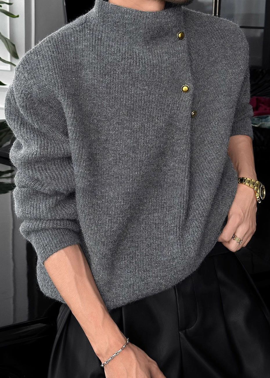 Men's High Neck Sweater with Side Buttons and Ribbed Cuffs