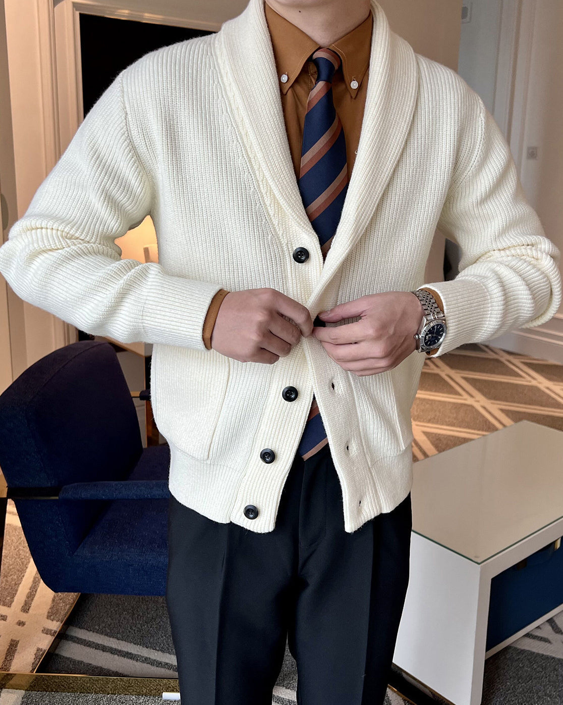 Men's Shawl Collar Cardigan with Viscose Blend Knit and Front Pockets