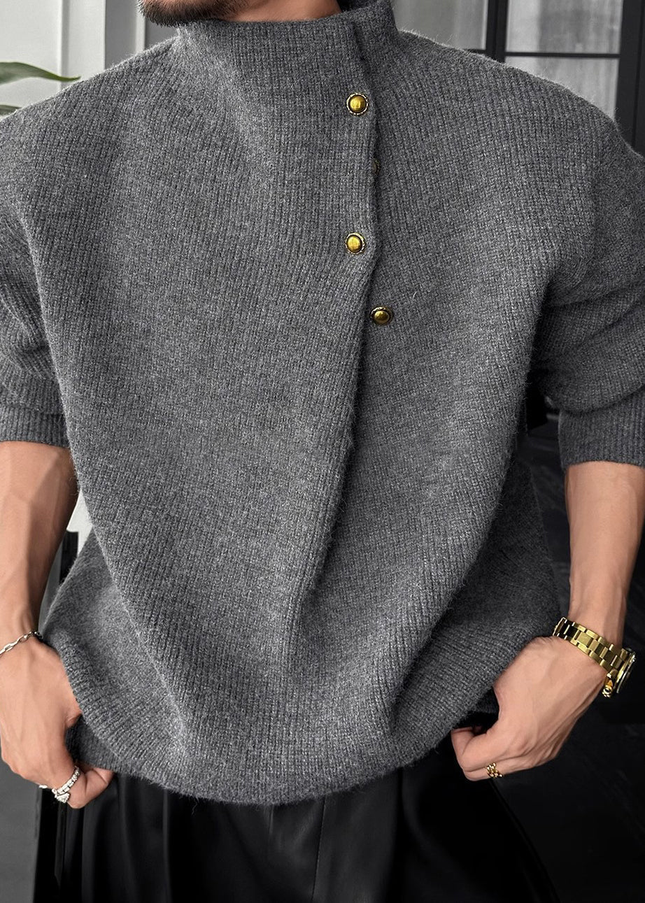 Men's High Neck Sweater with Side Buttons and Ribbed Cuffs
