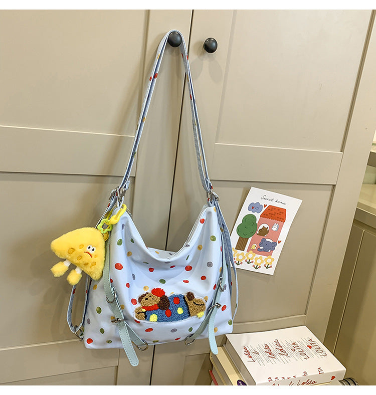 Crossbody Bag with Polka Dot Pattern and Detachable Plush Toy, Adjustable Strap