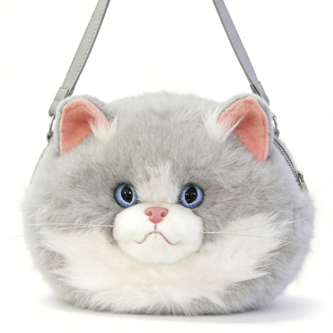 Plush Cat Face Crossbody Bag with Adjustable Strap and Blue Eyes