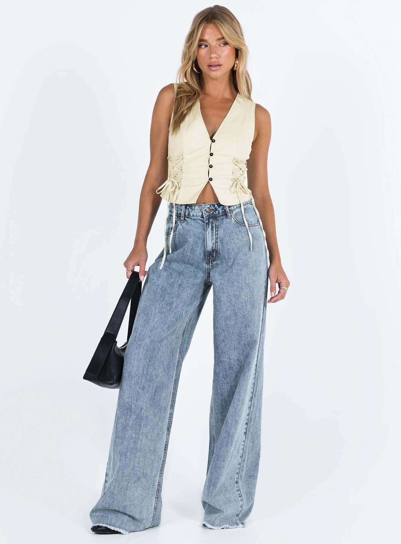 Damen-Jeans mit weitem Bein, hohem Bund, Knopfverschluss, Fünf-Taschen-Design und Kontrastnähten