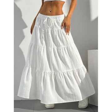 Women's Tiered Maxi Skirt - Elastic Waist - Drawstring Tie