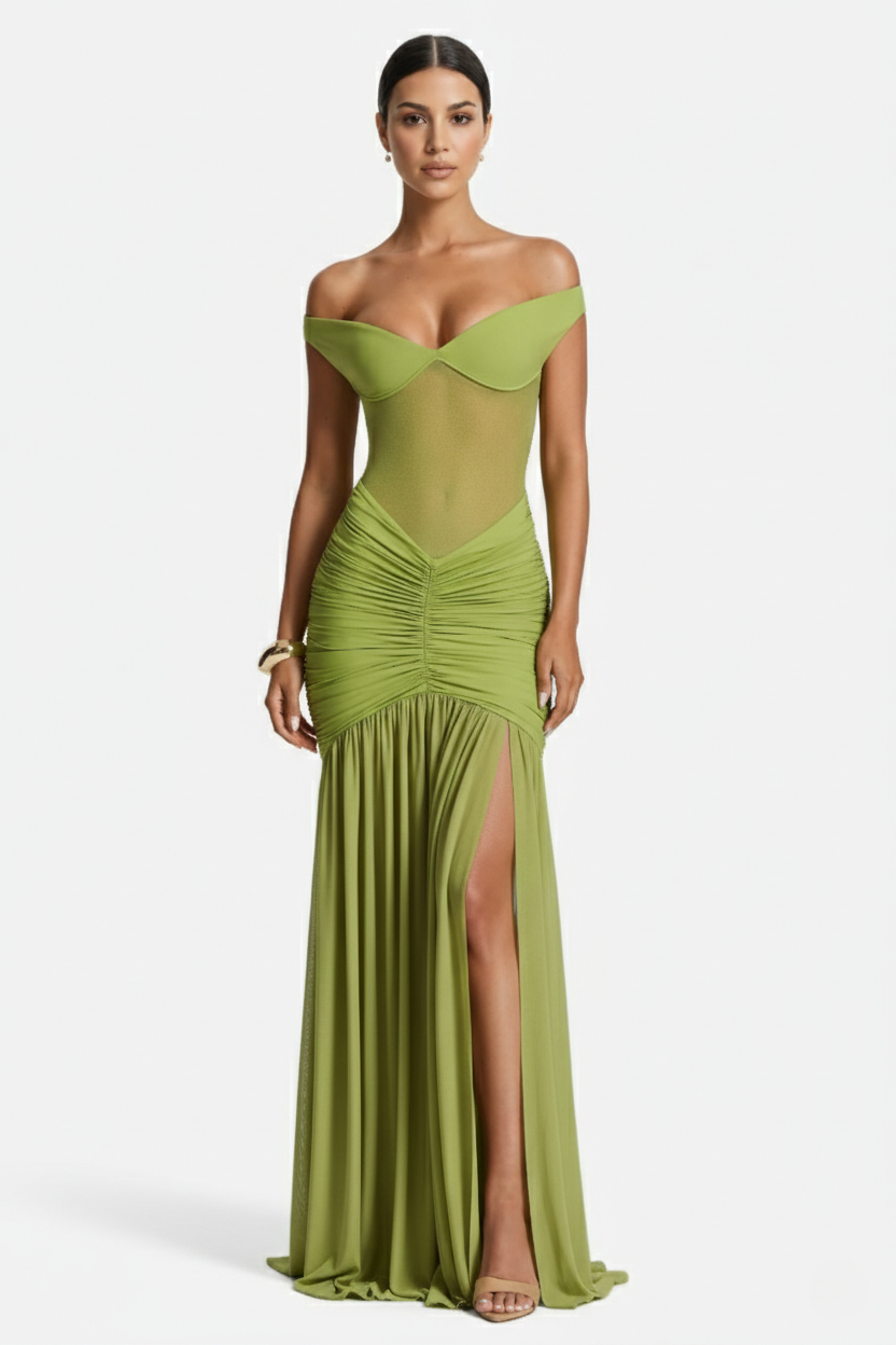Women's Off Shoulder Ruched Maxi Dress - Mesh Bodice High Slit