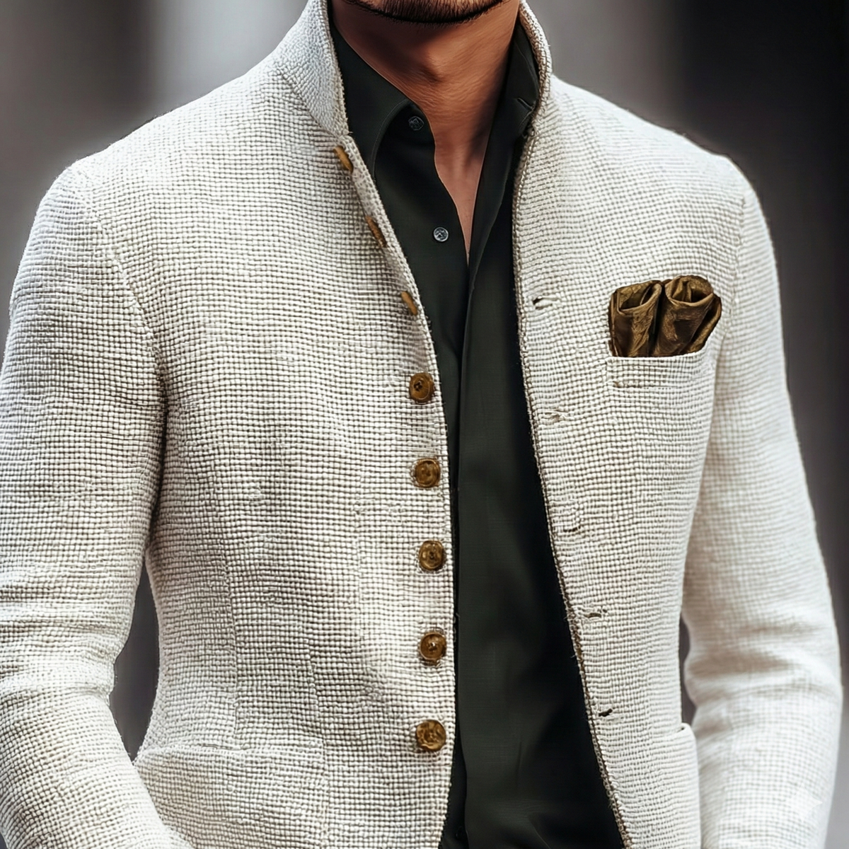 Stand Collar Cardigan with Textured Weave and Button Front Closure